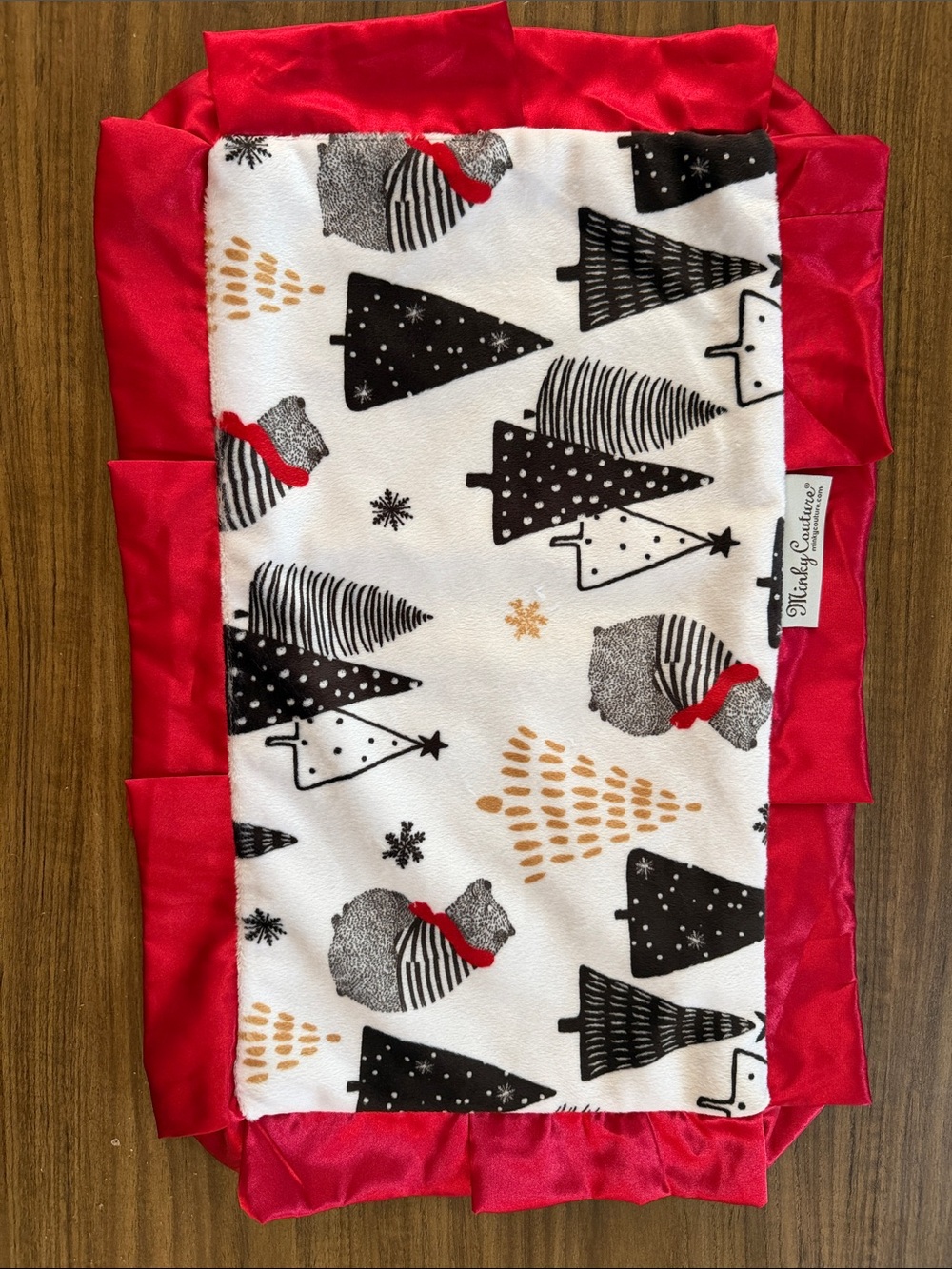MINKY COUTURE Red Trim Baby Lovey / car seat blank- Holiday Forest Print 20”x11”